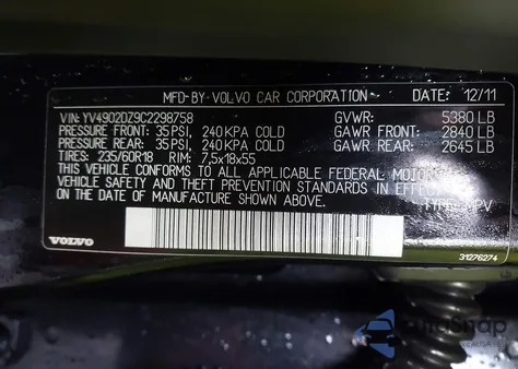 2012 Volvo Xc60 T6/T6 Platinum/T6 Premier Plus/T6 R-Design/T6 R-Design Platinum/T6 R-Design Premier Plus z USA, uszkodzony, nr VIN YV4902DZ9C2298758